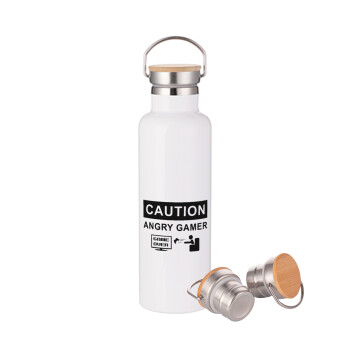 Caution, angry gamer!, Stainless steel White with wooden lid (bamboo), double wall, 750ml