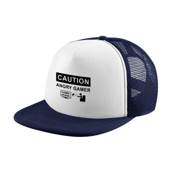 Caution, angry gamer!, Adult Soft Trucker Hat with Dark Blue/White Mesh (POLYESTER, ADULT, UNISEX, ONE SIZE)