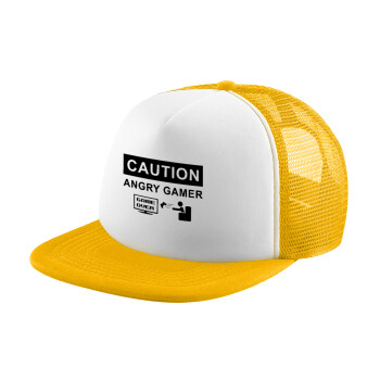 Caution, angry gamer!, Adult Soft Trucker Hat with Yellow/White Mesh (POLYESTER, ADULT, UNISEX, ONE SIZE)