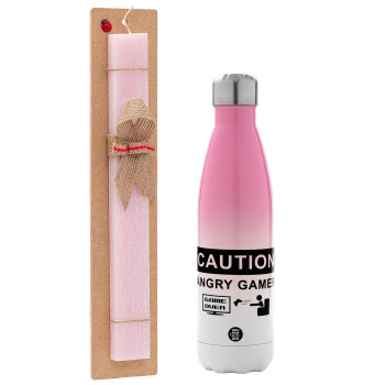 Caution, angry gamer!, Easter Set, Metallic pink/white (Stainless steel) thermos, double-walled, 500ml & aromatic flat Easter candle (30cm) (PINK)