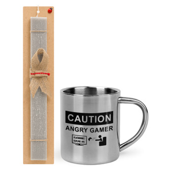 Caution, angry gamer!, Πασχαλινό Σετ, μεταλλική κούπα θερμό (300ml) & πασχαλινή λαμπάδα αρωματική πλακέ (30cm) (ΓΚΡΙ)