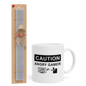 Caution, angry gamer!, Πασχαλινό Σετ, Κούπα κεραμική (330ml) & πασχαλινή λαμπάδα αρωματική πλακέ (30cm) (ΓΚΡΙ)