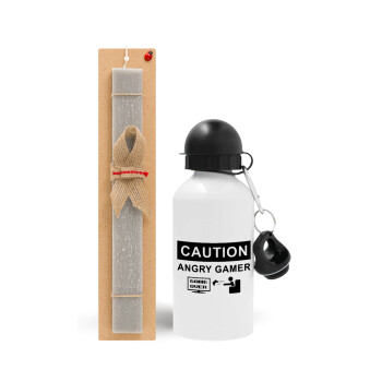 Caution, angry gamer!, Πασχαλινό Σετ, παγούρι μεταλλικό  αλουμινίου (500ml) & πασχαλινή λαμπάδα αρωματική πλακέ (30cm) (ΓΚΡΙ)