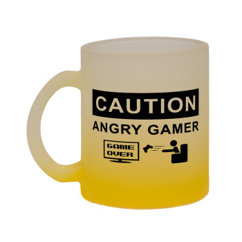 Caution, angry gamer!, Κούπα γυάλινη δίχρωμη με βάση το κίτρινο ματ, 330ml