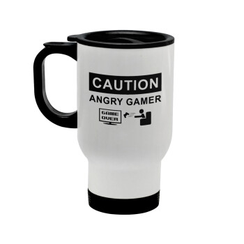 Caution, angry gamer!, Stainless steel travel mug with lid, double wall white 450ml