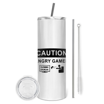 Caution, angry gamer!, Tumbler ποτήρι θερμό από ανοξείδωτο ατσάλι 600ml, με μεταλλικό καλαμάκι & βούρτσα καθαρισμού