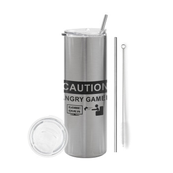 Caution, angry gamer!, Tumbler stainless steel Silver 600ml, with metal straw & cleaning brush