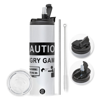 Caution, angry gamer!, Travel Tumbler 2 Lids, with metal straw & cleaning brush (Stainless steel 304 Food grade, BPA free, 600ml)