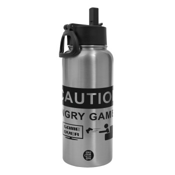 Caution, angry gamer!, Metal mug thermo Silver with Straw and Spout Lid (Stainless steel), double wall, 950ml