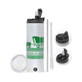 Oregon Trail, cov... edition, Travel Tumbler 2 Lids, with metal straw & cleaning brush (Stainless steel 304 Food grade, BPA free, 600ml)