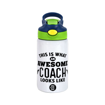 This is what an awesome COACH looks like!, Children's hot water bottle, stainless steel, with safety straw, green, blue (350ml)