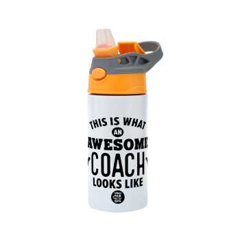 This is what an awesome COACH looks like!, Children's hot water bottle, stainless steel, with safety straw, Orange/Grey (360ml) BPA-FREE