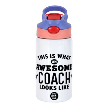 This is what an awesome COACH looks like!, Children's hot water bottle, stainless steel, with safety straw, pink/purple (350ml)