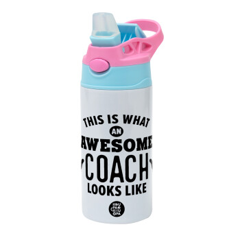 This is what an awesome COACH looks like!, Children's hot water bottle, stainless steel, with safety straw, Pink/BlueCiel (360ml) BPA FREE