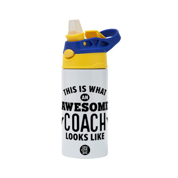 This is what an awesome COACH looks like!, Children's hot water bottle, stainless steel, with safety straw, green, blue (360ml) BPA FREE