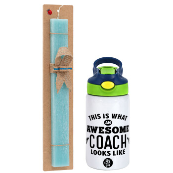 This is what an awesome COACH looks like!, Easter Set, Children's thermal stainless steel bottle with safety straw, green/blue (350ml) & aromatic flat Easter candle (30cm) (TURQUOISE)