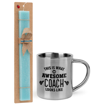 This is what an awesome COACH looks like!, Easter Set, metallic thermal cup (300ml) & aromatic flat Easter candle (30cm) (TURQUOISE)