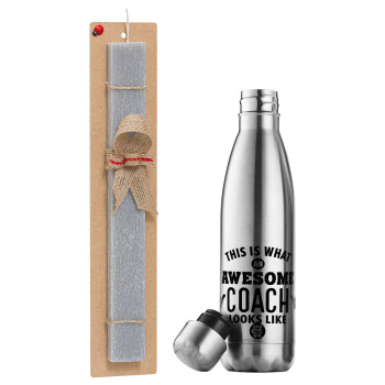 This is what an awesome COACH looks like!, Easter Set, metallic stainless thermos flask (500ml) & scented flat Easter candle (30cm) (GRAY)