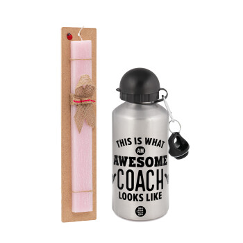 This is what an awesome COACH looks like!, Easter Set, metallic Silver aluminum water bottle (500ml) & scented flat Easter candle (30cm) (PINK)