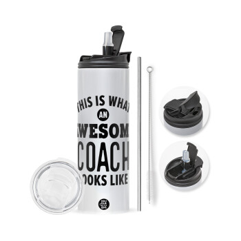 This is what an awesome COACH looks like!, Travel Tumbler θερμό με διπλό καπάκι, μεταλλικό καλαμάκι και βούρτσα καθαρισμού (Ανωξείδωτο 304 Food grade, BPA free, 600ml)