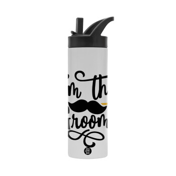 I'm the groom mustache, Metallic thermos bottle with straw & handle, stainless steel (Stainless steel 304), double-walled, 600ml.