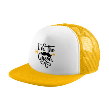 I'm the groom mustache, Adult Soft Trucker Hat with Yellow/White Mesh (POLYESTER, ADULT, UNISEX, ONE SIZE)