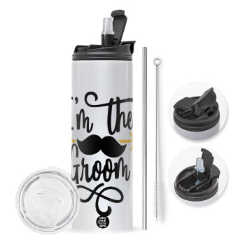 I'm the groom mustache, Travel Tumbler θερμό με διπλό καπάκι, μεταλλικό καλαμάκι και βούρτσα καθαρισμού (Ανωξείδωτο 304 Food grade, BPA free, 600ml)