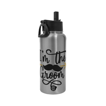 I'm the groom mustache, Metal mug thermo Silver with Straw and Spout Lid (Stainless steel), double wall, 950ml