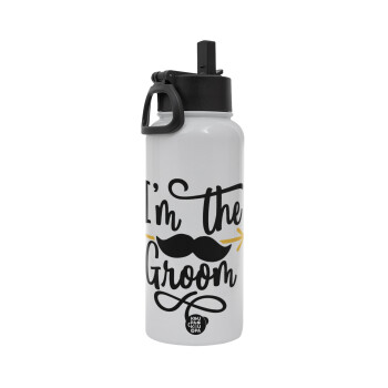 I'm the groom mustache, Metal mug thermo White with Straw and Spout Lid (Stainless steel), double wall, 950ml