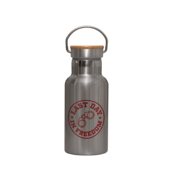 Last day freedom, Stainless steel metallic thermos flask, silver with a bamboo lid, double-walled, 350ml.