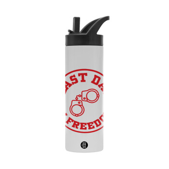 Last day freedom, Metallic thermos bottle with straw & handle, stainless steel (Stainless steel 304), double-walled, 600ml.