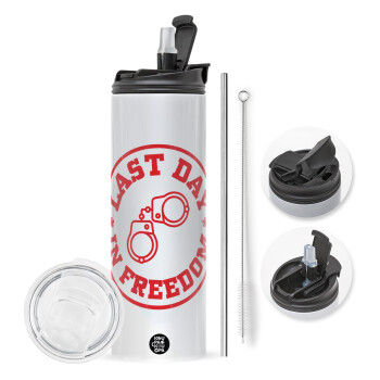 Last day freedom, Travel Tumbler 2 Lids, with metal straw & cleaning brush (Stainless steel 304 Food grade, BPA free, 600ml)