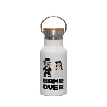 8bit Game Over Couple Wedding, Metallic thermos (Stainless steel) White with wooden lid (bamboo), double-walled, 350ml