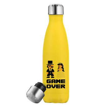 8bit Game Over Couple Wedding, Yellow Stainless Steel Metallic Thermos, double-walled, 500ml