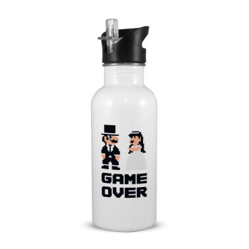 8bit Game Over Couple Wedding, White water bottle with straw, stainless steel 600ml