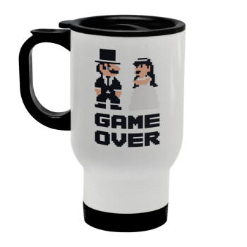 8bit Game Over Couple Wedding, Stainless steel travel mug with lid, double wall white 450ml