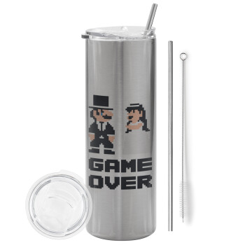 8bit Game Over Couple Wedding, Eco friendly ποτήρι θερμό Ασημένιο (tumbler) από ανοξείδωτο ατσάλι 600ml, με μεταλλικό καλαμάκι & βούρτσα καθαρισμού