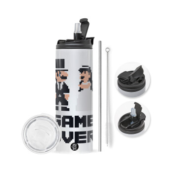 8bit Game Over Couple Wedding, Travel Tumbler θερμό με διπλό καπάκι, μεταλλικό καλαμάκι και βούρτσα καθαρισμού (Ανωξείδωτο 304 Food grade, BPA free, 600ml)