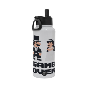 8bit Game Over Couple Wedding, Metal mug thermo White with Straw and Spout Lid (Stainless steel), double wall, 950ml