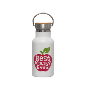 best teacher ever, apple!, Metallic thermos (Stainless steel) White with wooden lid (bamboo), double-walled, 350ml