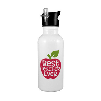 best teacher ever, apple!, White water bottle with straw, stainless steel 600ml