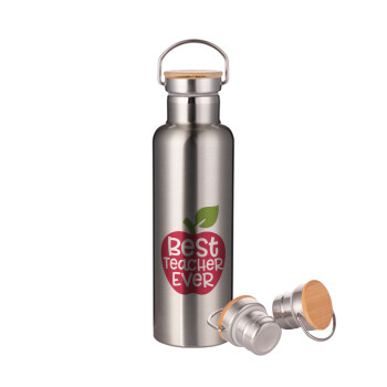 best teacher ever, apple!, Stainless steel Silver with wooden lid (bamboo), double wall, 750ml