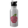 Water bottle Silver with straw, stainless steel 600ml