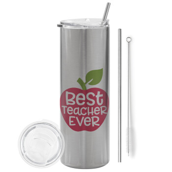 best teacher ever, apple!, Eco friendly ποτήρι θερμό Ασημένιο (tumbler) από ανοξείδωτο ατσάλι 600ml, με μεταλλικό καλαμάκι & βούρτσα καθαρισμού