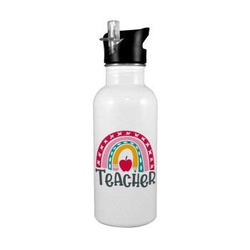 Rainbow teacher, White water bottle with straw, stainless steel 600ml