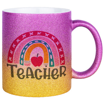 Rainbow teacher, Κούπα Χρυσή/Ροζ Glitter, κεραμική, 330ml