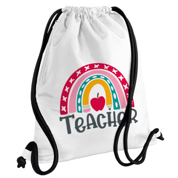 Rainbow teacher, Τσάντα πλάτης πουγκί GYMBAG λευκή, με τσέπη (40x48cm) & χονδρά κορδόνια