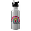 Water bottle Silver with straw, stainless steel 600ml