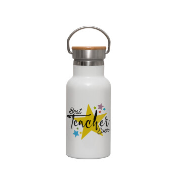 Teacher super star!!!, Μεταλλικό παγούρι θερμός (Stainless steel) Λευκό με ξύλινο καπακι (bamboo), διπλού τοιχώματος, 350ml