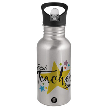 Teacher super star!!!, Water bottle Silver with straw, stainless steel 500ml